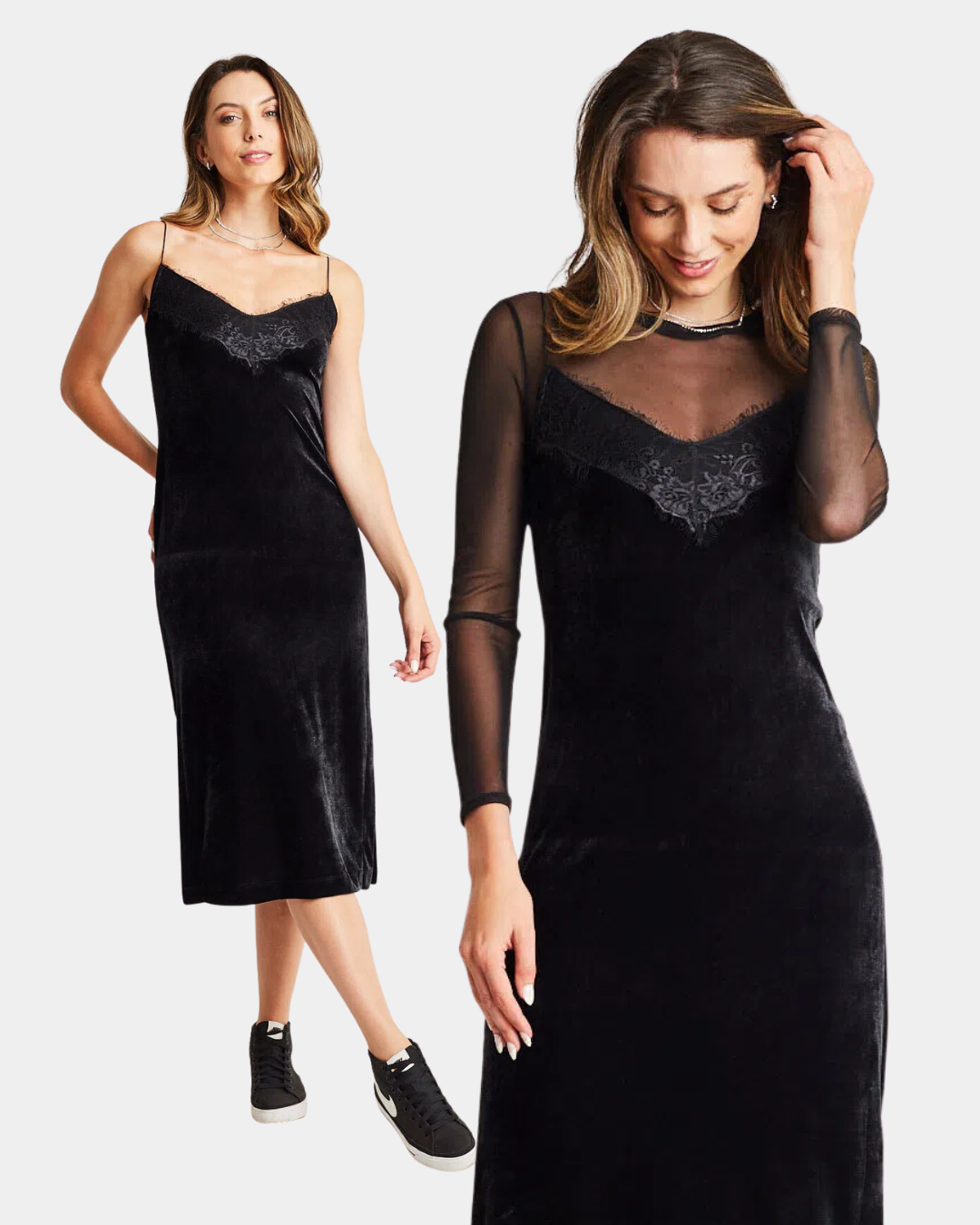 modelo veste vestido midi alcinha veludo renda no decote preto da Gang - Estilo Dark Suave