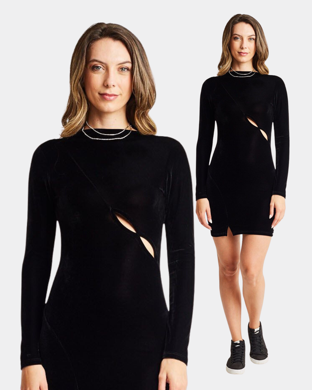 Modelo veste vestido curto veludo recortes preto gang feminino 