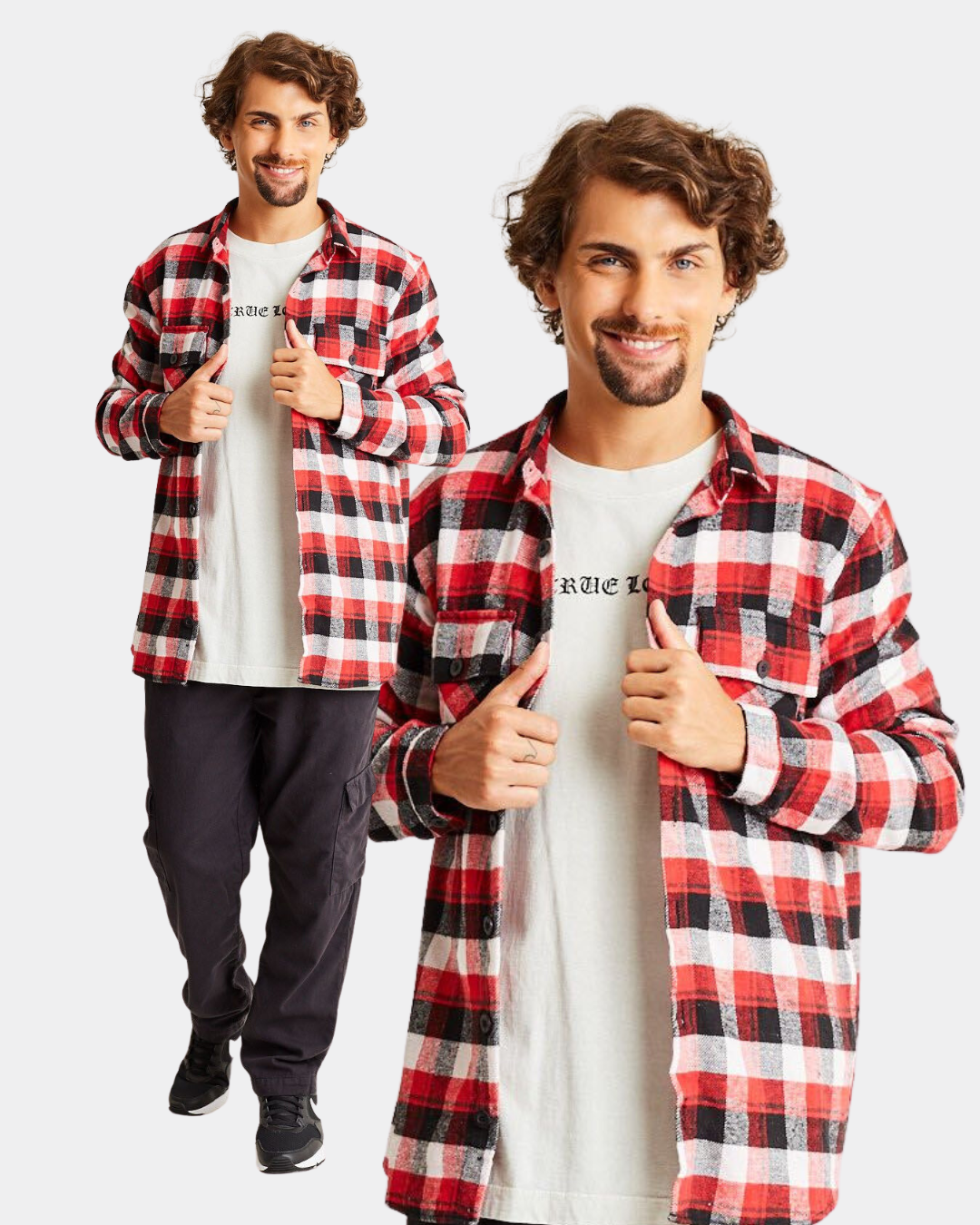 modelo veste camisa flanela xadrez vermelha gang masculina