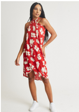 vestido estampado vermelho com amarração no pescoço Gang