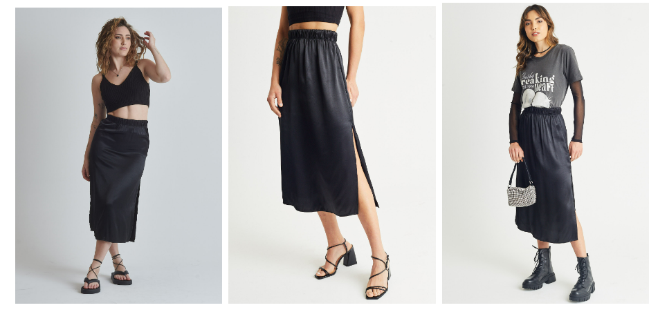 fotos de modelos de saia midi preta acetinada