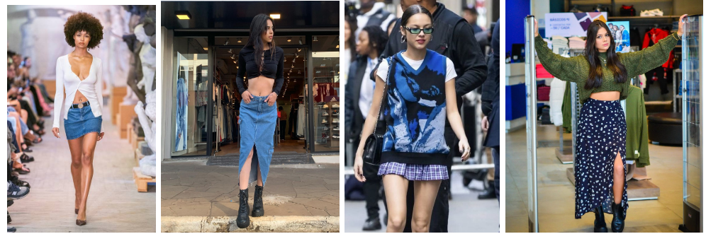 modelos e saia 2024, saia curta, jeans, mídi e lonmga, moda.